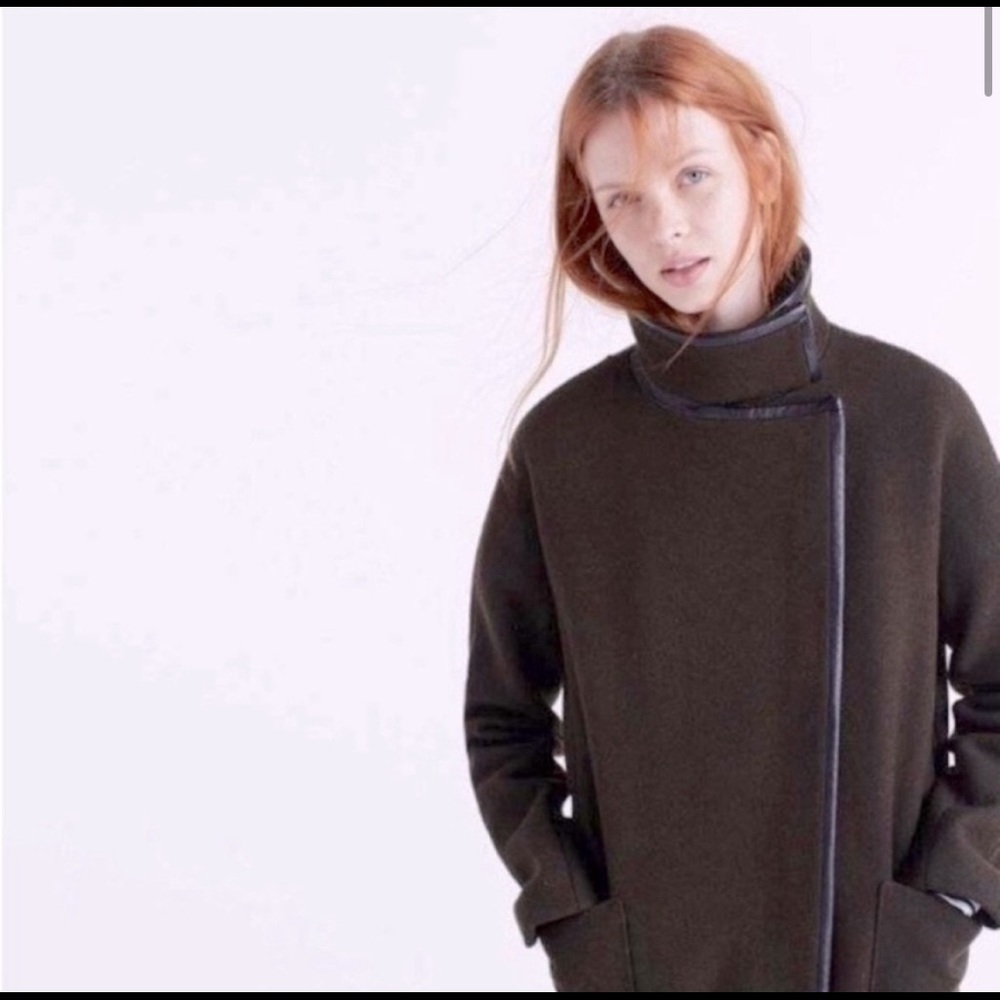 Madewell City Grid Coat in Olive w/Leather Trim EUC